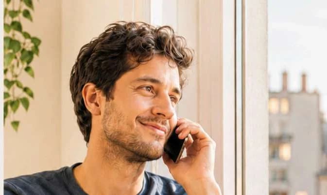 Mann telefoniert lächelnd am Fenster