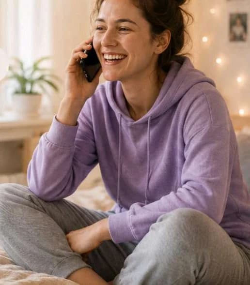 Junge Frau im lila Pullover lacht beim Telefonieren auf dem Sofa
