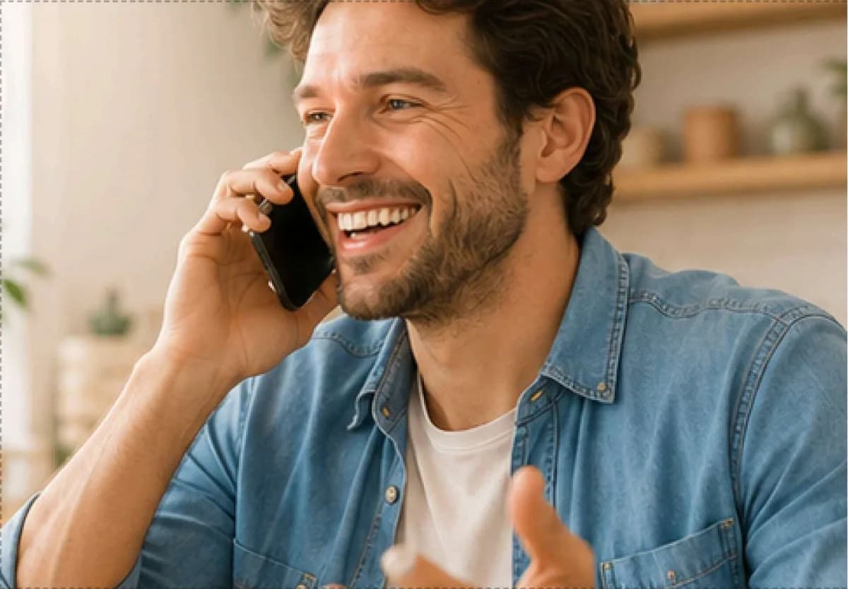 Derselbe Mann lacht beim Telefonieren